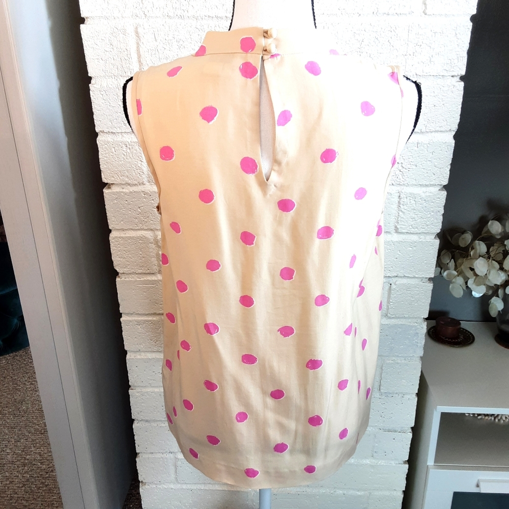 Kate Spade Cream Sleeveless Pink Polka Dot Neck Tie Silk Blend Top - Picture 3 of 9
